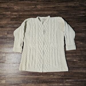 Kilronan Knitwear Merino Wool Cable Knit Zipper Sweater Women's XXL Off White